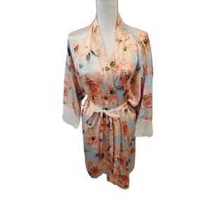 Linea Donatella Womens Silky Soft Luxury Floral Blue Pink Peach Robe XL Glam